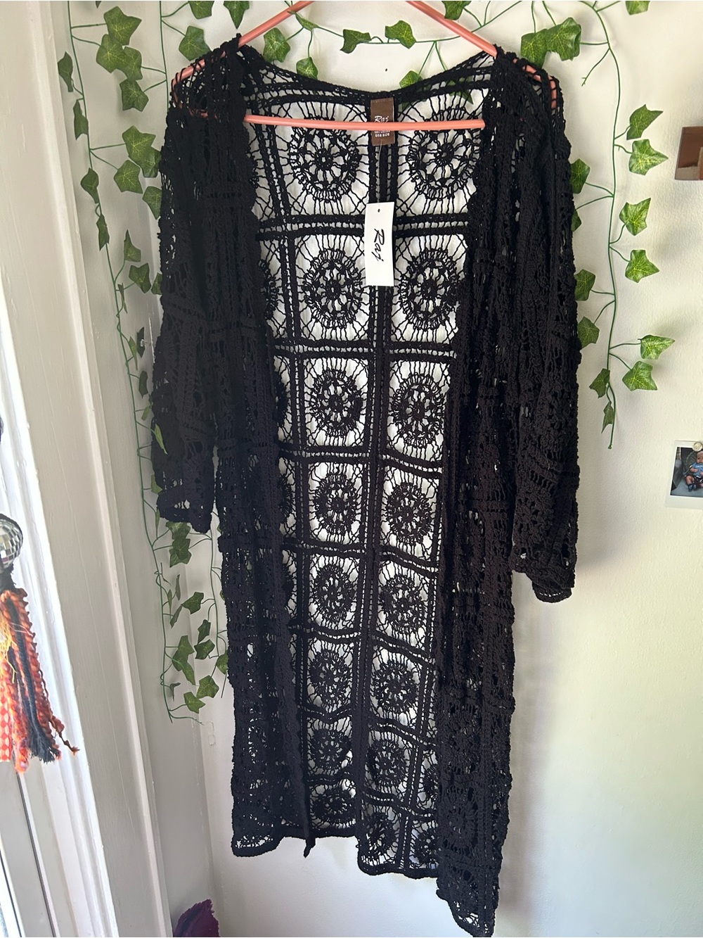 Raj Black Crochet Lace Duster Cardigan Boho Open Knit Kimono One Size NWT